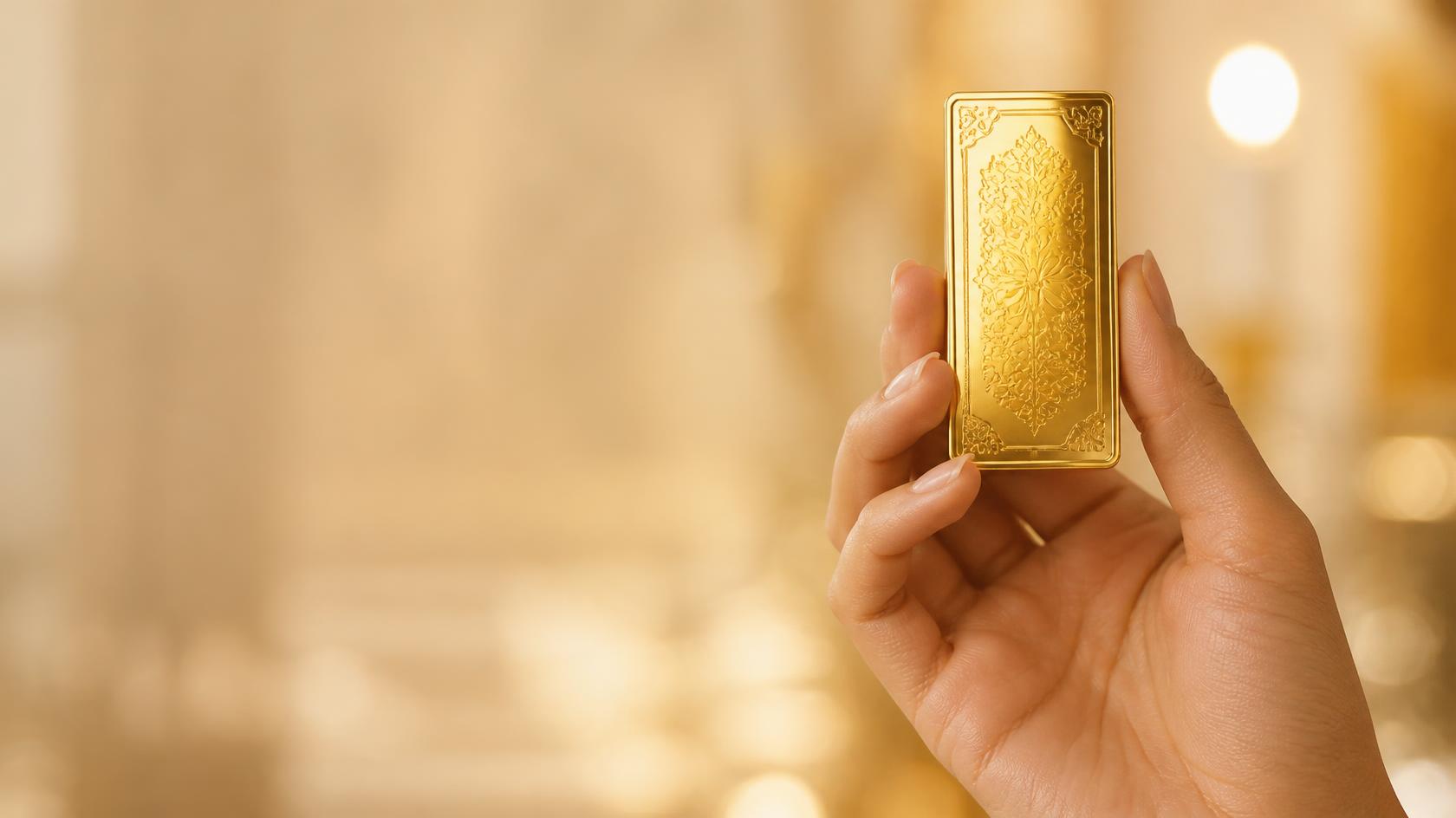 Tangan memegang gold bar emas